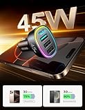 USB C Car Charger, 45W 4 Ports Super Fast Car Charger Adapter, PD3.0 & QC3.0 30W Type C Car Charger for iPhone 16/15/14/13/12/11 Pro Max Plus Samsung Galaxy S25 Ultra/S23 Cigarette Lighter USB Charger