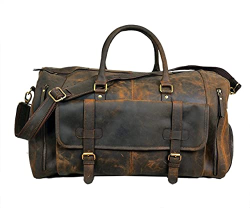 24 Inch Genuine Leather Duffle Bag for Men Travel Overnight Weekender Leather Duffel Bags Sports Gym Duffel for Men and Women Carry On Luggage for Traveling