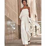 newbagggyy Women's Slim High Waist Wide Jumpsuit With Ruffle Trim Long Belt Vacation Beach One Piece Pants (White, S), Small