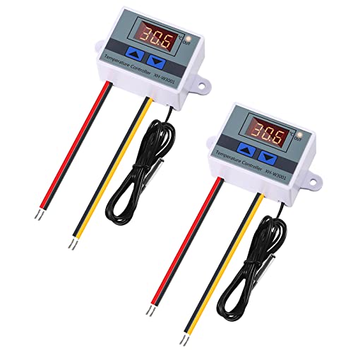 Alinan 2pcs 220V XH-W3001 Digital LED Temperature Controller Mini Thermostat Switch with Waterproof NTC 10K Thermistor Sensor Temperature Probe, -50℃ to 110℃ Heating/Cooling Temperature Control