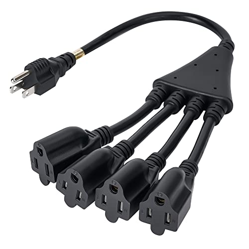 4 Way Power Cord Splitter Cable-3 Prong 1 to 4 Extension Cord-Outlet Saver-Elecan Male to Female Y Splitter Power Extension Cable Strip–UL Certified SJTW 16 Gauge 13 A/125 V–1.5 Feet Black