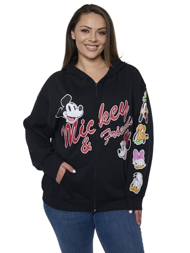 Disney Mickey Mouse and Friends Women's Zip Hoodie w/Pockets, Officially Licensed Black Fleece Sweatshirt w/Character Graphics, Daisy, Goofy, Donald, Pluto, Cozy Lining, Regular & Plus Size (Medium)