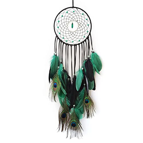 SOYUZU Green Large Dream Catcher Wall Decor Peacock Feather Dream Catchers with Luminous Bead Handmade Dreamcatcher Wall Hanging Ornament for Bedroom Living Room Home Decor