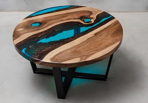 Round Coffee Table with Blue Epoxy Resin Inlay, Solid Walnut Wood Top, Black Metal Base (24" in)