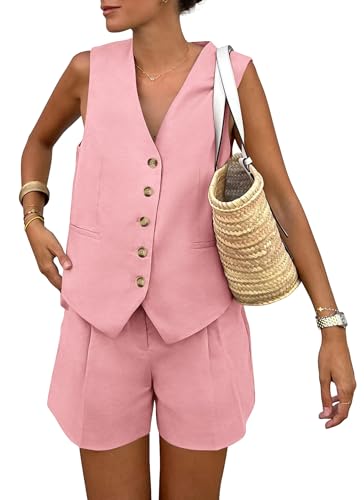 PRETTYGARDEN Summer 2 Piece Suits Sets for Women Button Down V Neck Vest Waistcoat Sleeveless Tops and High Waisted Shorts (Pink,Large)