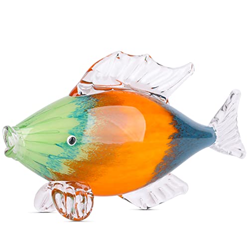 Large Glass Fish Figurine Maritime Decor, Modern Nautical Decorations for Home Hand Blown Art Glass Fish Sculpture - Ideals Beach Theme House, Coastal Ocean Themed Tropical Glass Fish Decor