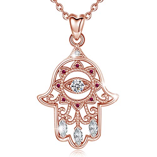 EUDORA Sterling Silver Hamsa Necklace Good Luck Vintage Fatima Hand Evil Eye Pendant, 18" Chain (Rose Gold)