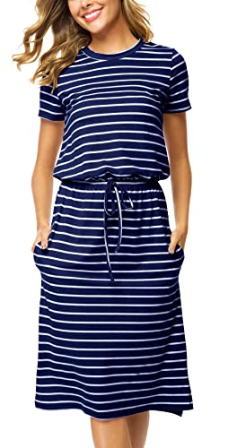 Women Summer Short Sleeve Pocket Travel Casual Midi Knee Dress Striped Blue XL