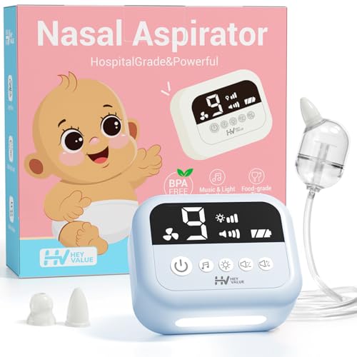 HEYVALUE Hospital Grade Nasal Aspirator for Baby, Nose Sucker with 9 Levels Suction, Night Light and Nursery Rhyme Soothing Function, Electric Nose Suction for Baby with Food-grade Silicone Tips, Blue