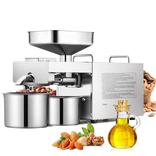 CGOLDENWALL 1500W Commercial Automatic Oil Press Machine Industrial Oil pressing machine Nuts Seeds Oil Presser Pressing Machine Cold Hot Press All Stainless Steel High Oil Extractor CE (Silver, 110V)