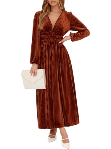 Sissyaki Women's Long Sleeve Velvet Dresses Fall Winter Long Dress Wedding Guest Party Maxi Dress B#Caramel Large