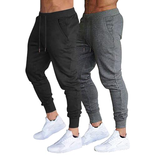 BUXKR Men's Slim Joggers Workout Pants for Gym Running and Bodybuilding Athletic Bottom Sweatpants with Deep Pockets,Black&Dark Grey,S