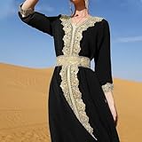 AFAVOM Moroccan Kaftan Dresses for Women Abaya Golden Lace Dress Handmade Embroidered Islamic Ramadan Eid Dress Traditional Arabic Dubai Muslim Prayer Robe Wedding Party Gown Black XL