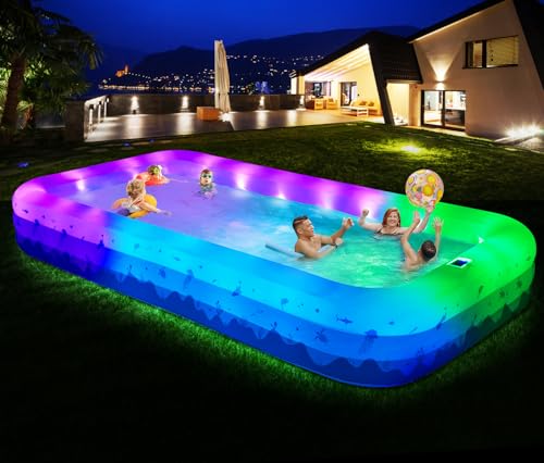 Large Inflatable Pool with Lights, 145" X 74" X 22" Family Inflatable Swimming Pools for Kids,Adults, Blow Up Pool Solar Powered, Inflatable Kids PooI for Backyard (Air Pump Not Included)