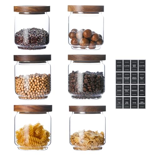 Homtop Glass Jars with Wood Lids 6 Pack with 112 Labels, 15 OZ Storage Food Canister for Coffee| Sugar| Snacks| Nuts
