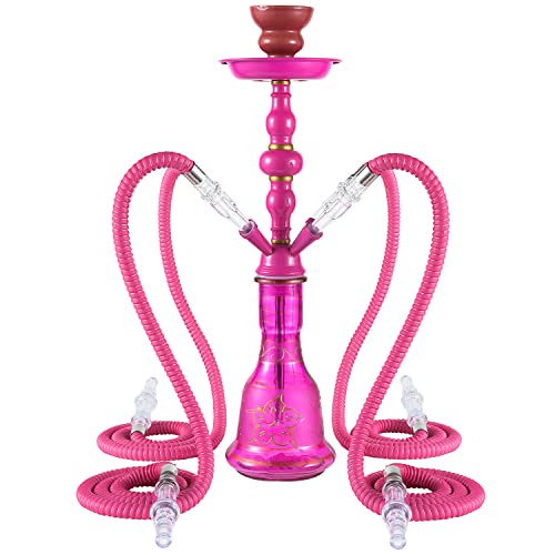 Hookah Set 4 Hose Hookah Shisha Set Complete Hookah Accessories Narguile Glass Vase, Ceramic Bowl and Coal Tongs Ashtray for Better Shisha Hookah Narguile Smoking (4 Hose Pink)