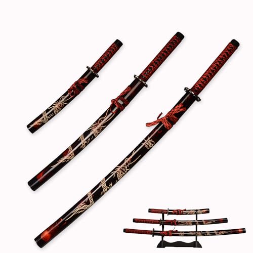 3pc Set Japanese Samurai Sword with Display Stand,Iaido Katana Engraved with Dragon Pattern On The Scabbard Carbon Steel Blade Real Sword for Display Decoration and Gift
