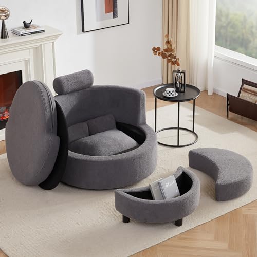AYEASY Swivel Accent Barrel Chair for Living Room, Oversized Swivel Round Chair with Storage, Chaise Lounge with Removable Pillows & Half-Moon Ottoman, Modern 360° Accent (Fabric Grey)