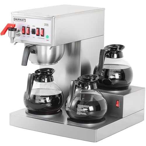 NUPANT 12 Cup Commercial Coffee Maker Auto Filling Drip Coffee Maker Machine with 3 Glass Carafes 3 Warmers Stainless Steel Pour Over Coffee Brewer with Hot Water Dispenser for Restaurant Office Cafe
