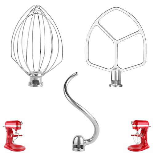 Stainless Steel 3 Piece kit Attachments, Dough Hook 6 Wire Whisk Flat Beater Compatible with KitchenAid 5-6QT Mixer, Bowl Lift Stand Mixer Accessory, Rust Resistant, Dishwasher Safe