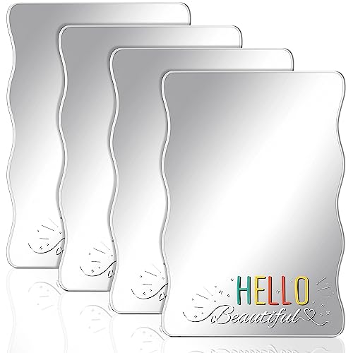 Sintuff 4 Pcs Hello Beautiful Magnetic Locker Mirror Cute Stylish Locker Decor Cabinet Magnetized Mirror Girls Makeup Mirror Shatterproof Wall Mirror for School Office Bathroom, 4.72 x 6.69 Inch