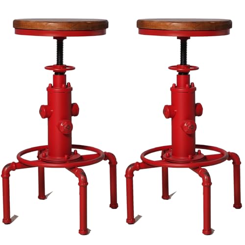 Topower Aged Antique Vintage Industrial Barstool Solid Wood Water Pipe Fire Hydrant Design Cafe Coffee Industrial Bar Stool Set of 2 Antique Red