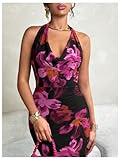 SOLY HUX Women's Floral Print Mesh Halter Bodycon Dress Cowl Neck Tie Backless Maxi Dresses Black Floral Large