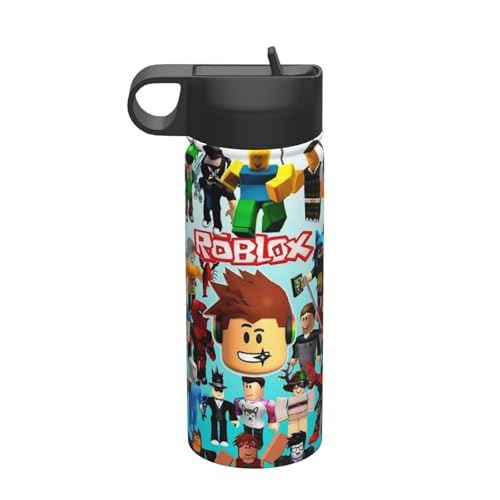 Kids Water Bottle Cartoon Vacuum Insulated Stainless Steel Cups Boys Girls Reusable Tumbler with Straw Handle Leakproof Water Bottles, 18 oz