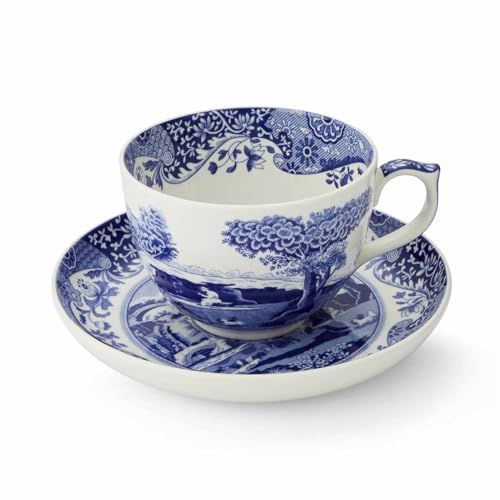 Portmeirion Spode Portmeirion Home and Gifts Blue Italian Teacup and Saucer, 20-ounce Capacity, Jumbo Tea Set, Coffee Mug, Cup for Tea, Lattes, Espressos, and Hot Beverages - Blue &White