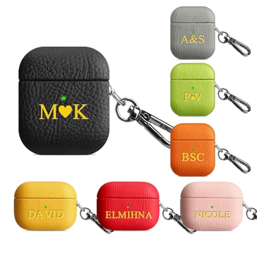 Custom Initials Leather Case for Apple Airpods 1/2/3/4,Pro 1st/2nd Generation Luxury Vegan Cover with Keychain Personalized Name Letters Symbol Logo Mulit Color Cases