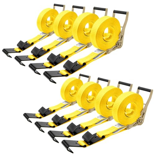 SALUINOKI 8Pack 2 inch Ratchet Straps Heavy Duty 30ft Flat Hook Yellow Flatbed Straps Equipment Tie Down Ratcheting 6600lbs Working Load, 10000lbs Break Srength