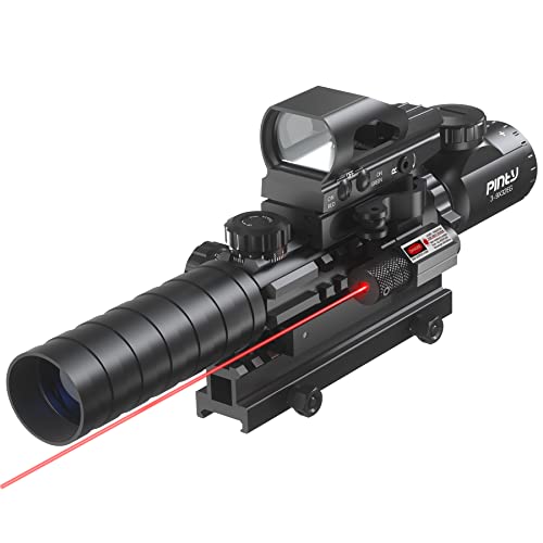 PINTY Rifle Scope Red Dot Laser Combo — 4in1 Gun Set: 3-9x32 Illuminated Hunting Scope, Green or Red Dot, Red Laser Sight, Pic Riser Mount — Tactical Scope and Laser for Shooting Airsoft More, Black