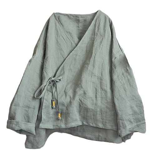 NFYM Women's Hanten Kimono Cardigan Long Sleeve Wrap Front Cotton Linen Retro Hanfu Costume Irregular Shirt Tops (as1, alpha, one_size, regular, regular, Green)