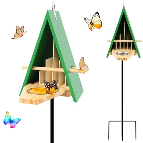 2025 New Butterfly House and Feeder for Outside, Wooden Butterfly House with Metal Stake for Garden, Natural Butterfly Habitat with Butterfly Puddler on The Floor or Hanging on Tree Wall