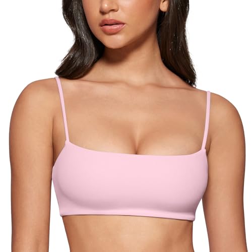 INGIA Women's Square Neck Sports Bra Spaghetti Strap Padded Cami Yoga Wireless Square Back Workout Bra Crop Top Milk Pink Large