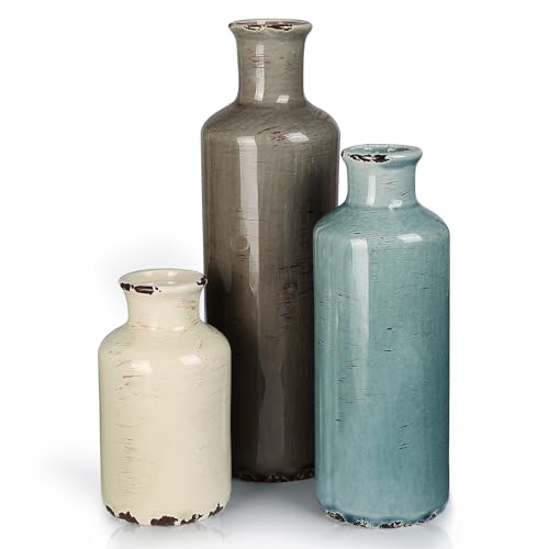 CUCUMI Ceramic Vases Set of 3, Rustic Coastal Small Vases Home Decor, Farmhouse Flower Vases Decor for Shelves, Ocean Beach Style, Mantle, Fireplace, Coffee Table, Shelf Decorations for Living Room