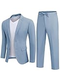 COOFANDY Mens Cotton Linen Suit 2 Piece Sport Coat Beach Wedding Travel Jacket Blazer Homecoming Tuxedo Casual Trousers Light Blue