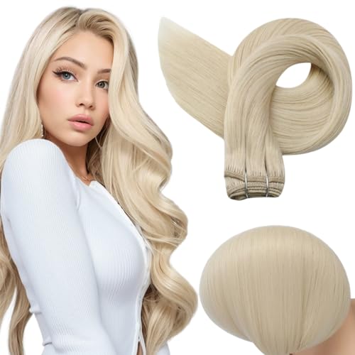 Full Shine Weft Hair Extensions Human Hair Color Platinum Blonde Sew In Hair Extensions Real Huamn Hair Remy Straight Hair Weft Extensions Blonde Straight Human Hair Bundles 105G 22 Inch