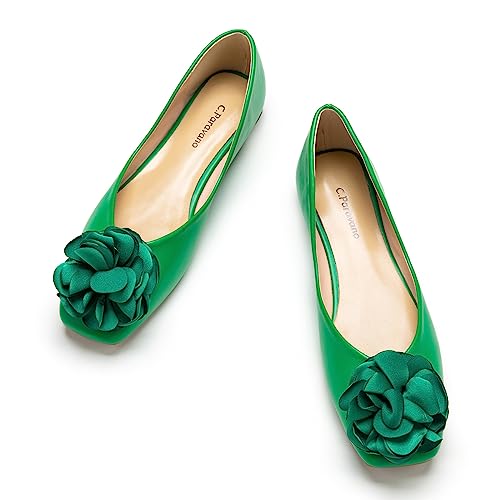 C.Paravano Ballet Flats for Women | Womens Square Toe Flats | Green Flats Shoes | Slip On Dress Shoes | Women's Leather Shoes | Flower Flats (Size 8.5,Green)