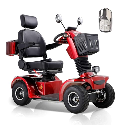 Mobility Scooters for Adults, Heavy Duty 4 Wheel Powered Mobility Scooters for Seniors, All Terrains Electric Handicap Scooters for Elderly 360 Degree Adjustable Seat (BSH Red Rear Lockbox)