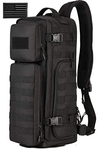 Protector Plus Tactical Sling Bag Military MOLLE Crossbody Pack Assault Range Chest Shoulder Backpack Motorcycle Bicycle Outdoor Daypack (Patch Included), Black