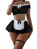 Foxiny Sexy Stockings Mini Skirt Mesh Sheer Lace Cosplay Costume Outfit Lingerie with Thong Set 4 Piece Women See Through Matching Bra Panty Underwear Black Medium