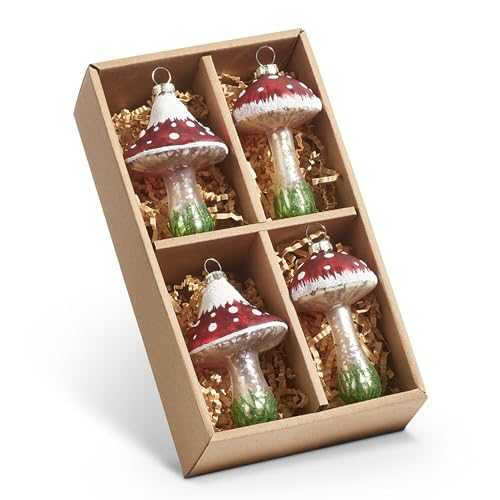 Raz Imports Box of Red Mushroom Hanging Ornaments, Set of 4, Christmas Holiday Decor