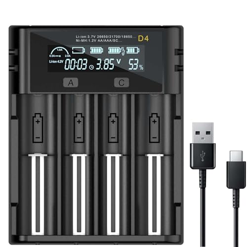 Universal Battery Charger, 4 Bay Battery Charger with Smart LCD Display Fast Charge for Rechargeable Batteries Li-ion LiFePO4 NI-MH NI-Cd AA AAA C 21700 26650 13650 16340 18350 18700 RCR123