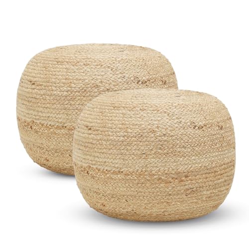 REDEARTH · Jute Circular Pouf Ottoman - Braided Pouffe Accent Sitting Round Footrest for Living Room, Bedroom, Nursery, kidsroom, Patio, Gym; 100% Jute Set of 2 (19.5"x19.5"x14"; Jute Natural)