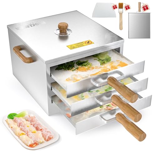 WantJoin Rice Noodle Roll Steamer Machine - 3 Layers 4 Trays Chinese Cantonese Cheung Fun Changfen Maker Cooker for Commercial and Home Kitchen with Extra Stainless Steel Steam Tray and Wooden Handle