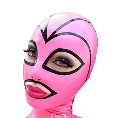 Latex Hood Mask Holiday Rubber Full Face Pink and Black Strips with Ponytail Wig cosplay handmade CF00 (M, Regular style)