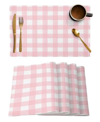 Christmas Placemats Set of 6, Rustic Pink White Buffalo Check Plaid Pattern Heat Resistant Washable Table Place Mats Farmhouse Cotton Table Linens Party Holiday Decor For Kitchen Dining Outdoor Indoor