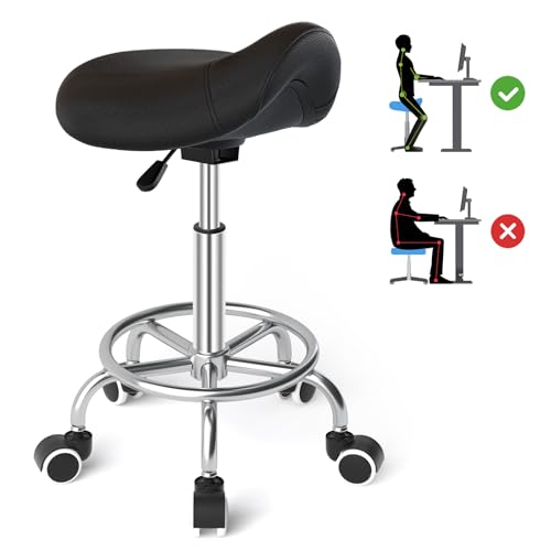 YEEZEE Saddle Stool Ergonomic- Comfortable Rolling Saddle Stool with Wide Thick Saddle Seat Padding, Swivel Adjustable Saddle Chair with Wheels and Ring Pedal for Medical Massage Salon (Dark Black)