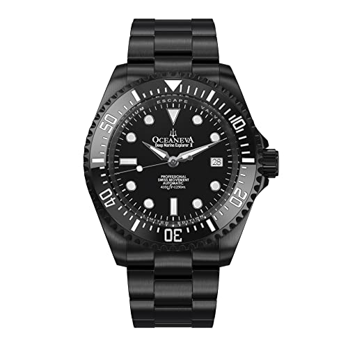 Oceaneva™ Men's Deep Marine Explorer II 1250M Pro Diver Watch Black Dial Black IP - Swiss Made Sellita SW200-1 Automatic Movement Stainless Steel Bracelet